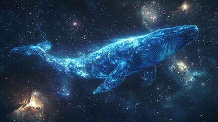 Majestic cosmic whale made of glowing stardust swims through the vast universe, blending fantasy and space in a surreal celestial dreamscape.