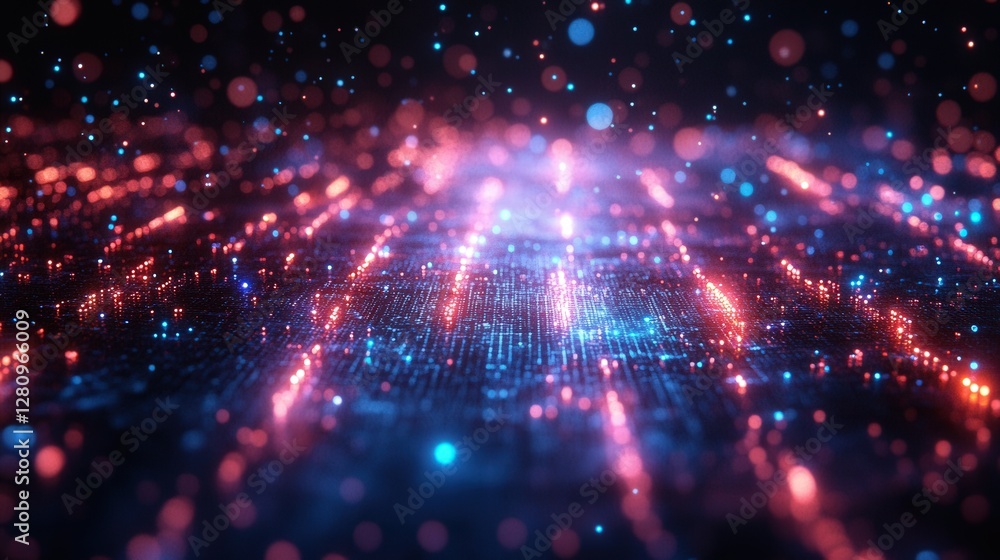 Poster abstract visualization of glowing particles and light trails on a digital surface at night