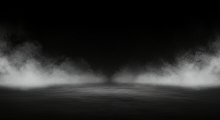 Naklejka premium Dark mysterious empty space with fog on ground. Black and white abstract landscape background with ghostly mist. Moody night scene with copy space for horror design