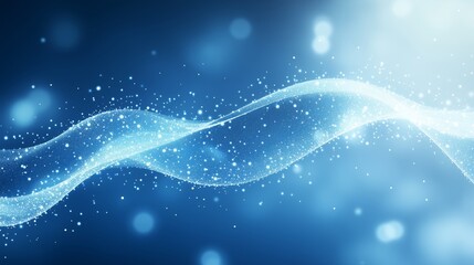 White and light blue abstract background with flowing digital waveforms and glowing particles, creating a futuristic and elegant visual composition.