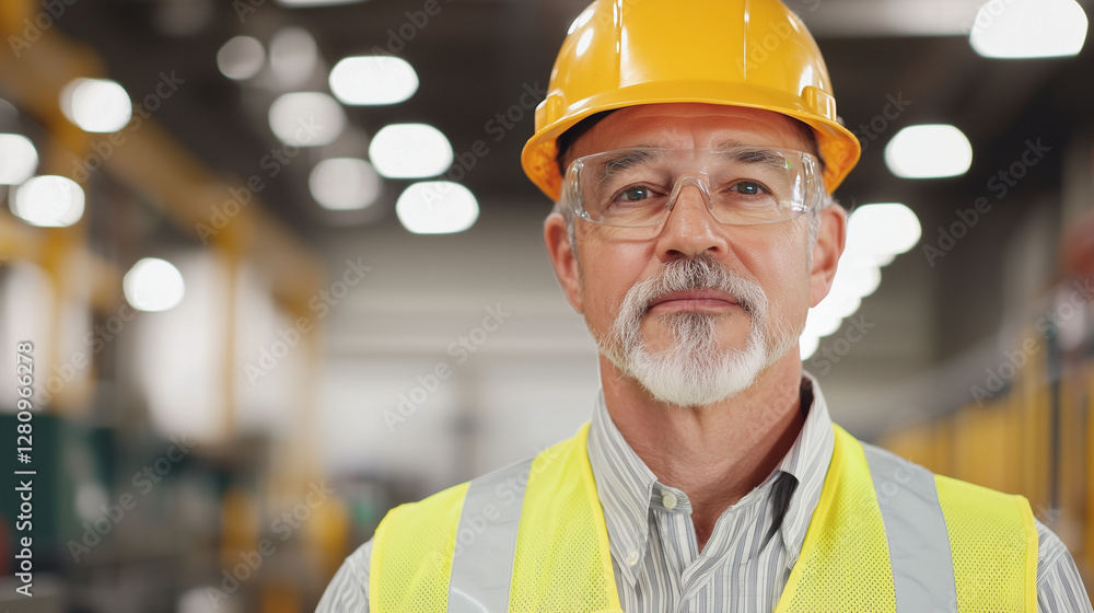 Poster industrial engineer using tablet in factory setting