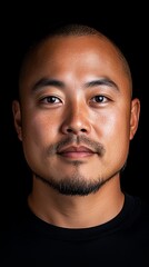 Obraz premium Portrait of a young Asian man with short hair and a goatee, against a black background.