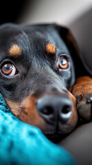 A dog hiding under a blanket during a fireworks display, with soft lighting emphasizing a soothing atmosphere
