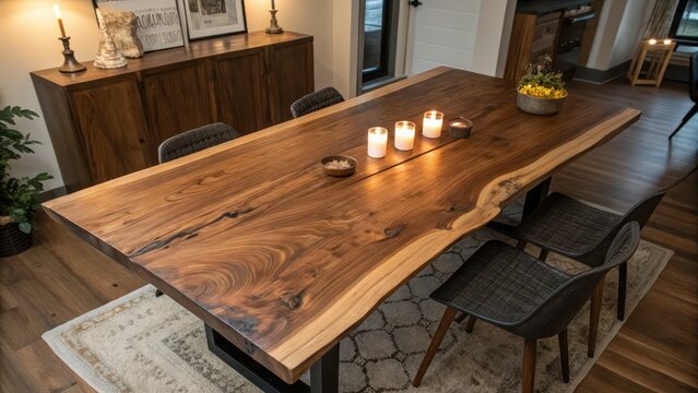 Rustic wooden dining table with a natural wood grain finish and a charming candle centerpiece creating a warm and inviting ambiance in a cozy home interior design setting