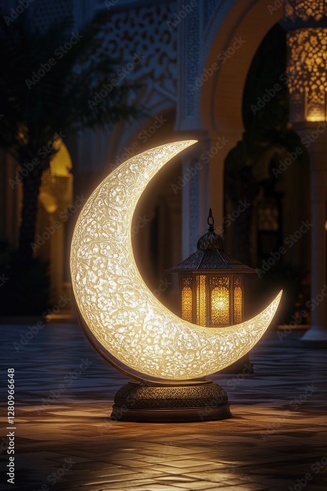 Poster A serene view of a courtyard illuminated by an ornate lantern with a moon and star design.
