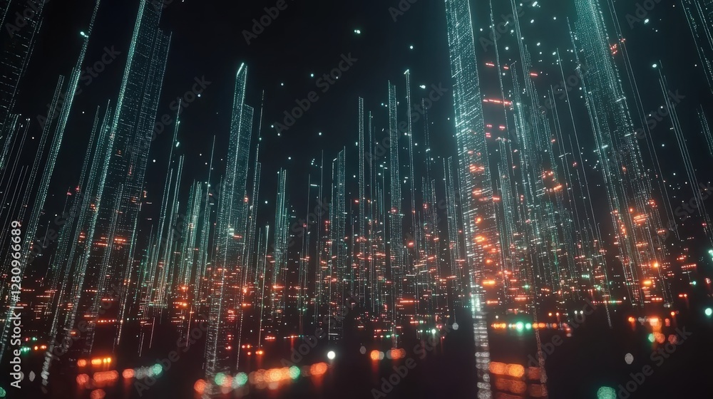 Poster abstract futuristic technology background featuring a fintech data stream with glowing financial gra