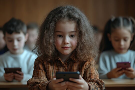 Multiethnic kids pupils having break and using their smartphones, sitting at desks in classroom, playing games, focus on girl, Generative AI