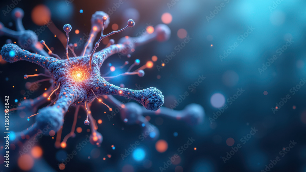 Aufkleber image shows a detailed computer-generated rendering of a nerve cell with dendrites and axon, highlig