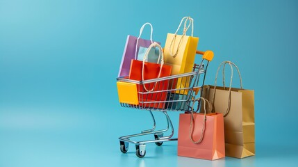 A shopping cart filled with colorful shopping bags on a blue background.