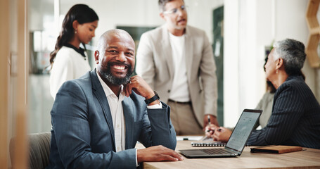 Portrait, manager and happy business man in office with laptop at venture capital. Investment,...