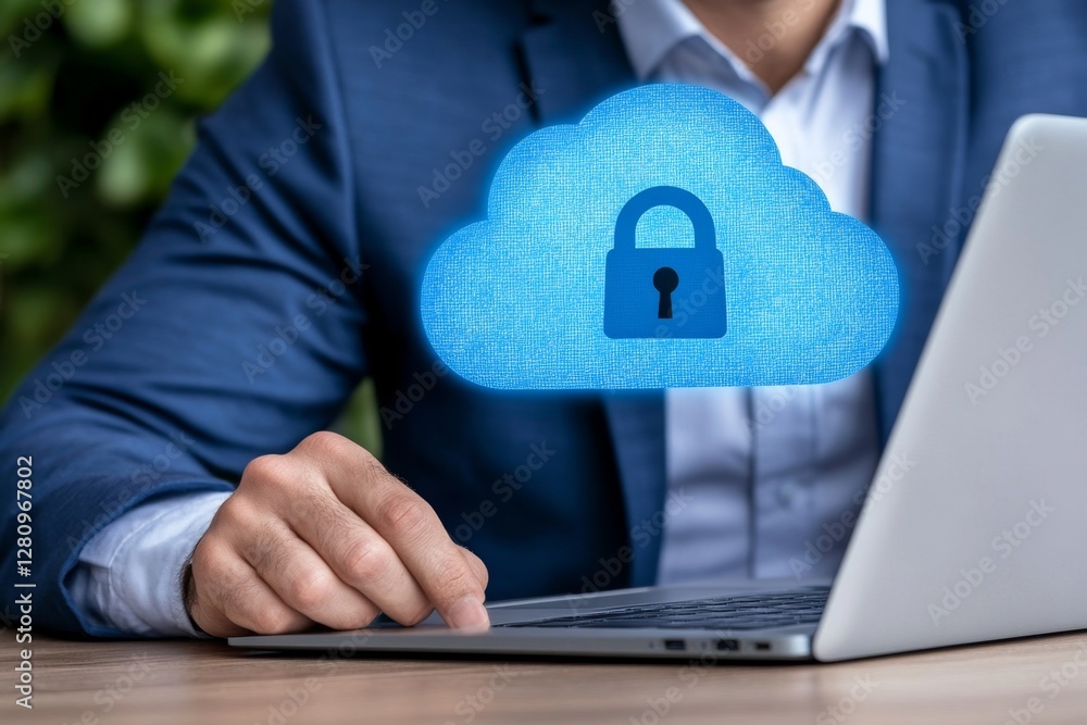 Poster Cyber security network Data protection concept Businessman using laptop computer with digital padlock on internet technology networking with cloud computing and data management
