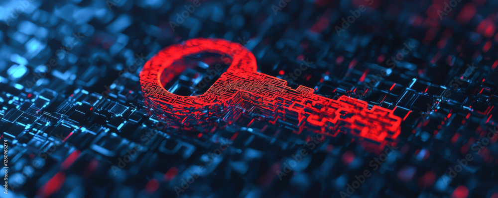 Poster a digital key concept featuring a glowing red key on a dark pixelated background.