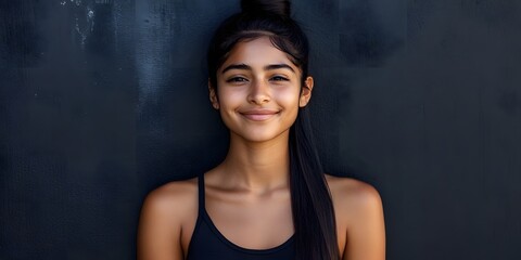 Obraz premium Portrait of a Smiling Young Woman with Dark Hair and Top, Against a Dark Background