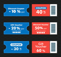 Red and blue coupon icons. 10% 20% 30% 40% 50% 60% discount coupon. Gift Voucher design with QR code. All layered and grouped. Vector.