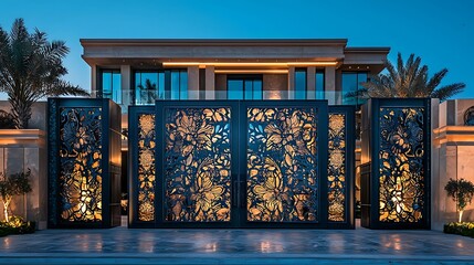 A stunning glass and stainless steel gate with intricate floral designs leads to the entrance an opulent villa.