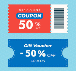 Red and blue coupon icons. 50% discount coupon. Gift Voucher design with QR code. All layered and grouped. Vector.