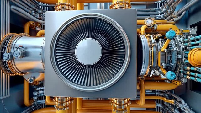 Industrial Turbine's Intricate Heart: A close-up captures the complex machinery of an industrial turbine, showcasing the internal workings with pipes and valves.