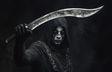 Obraz premium A man in a black hood with face paint holds a curved sword raised high, creating a dramatic atmosphere in dim lighting
