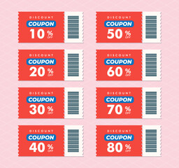 Red discount coupon icons. 10% 20% 30% 40% 50% 60% discount coupon. Gift Voucher design with QR code. All layered and grouped. Vector.