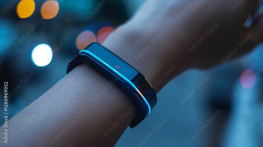 Aufkleber a wristband designed for mental health tracking is illuminated as it monitors user data in a bustlin