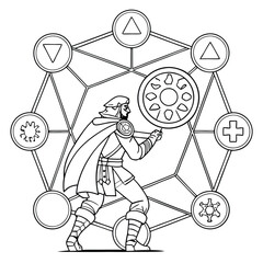 Fantasy Coloring Page: Wizard Casting Spell with Elemental Symbols - Printable Line Art for Creative Fun & Relaxation for Kids and Adults