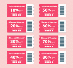 Pink discount coupon icons. 10% 20% 30% 40% 50% 60% discount coupon. Gift Voucher design with QR code. All layered and grouped. Vector.