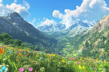 Fototapeta premium A beautiful view of the Alps mountains with yellow flowers, green grass, and rocks on a sunny summer day, Generative AI