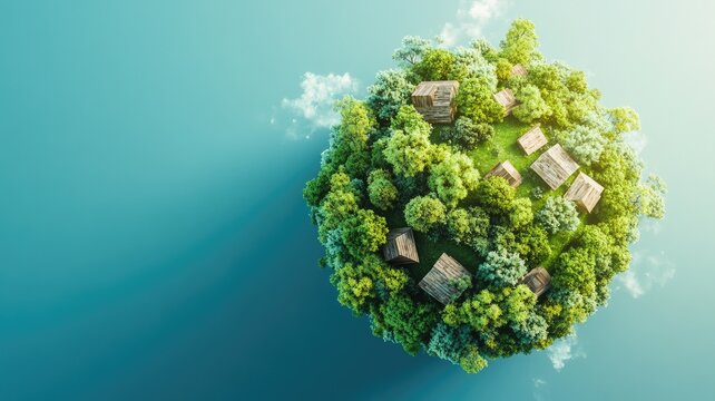 Serene Eco Earth: Realistic Green Tree and Wooden House Planet on Blue Background, Top View, Ecology Concept, Environmental Protection