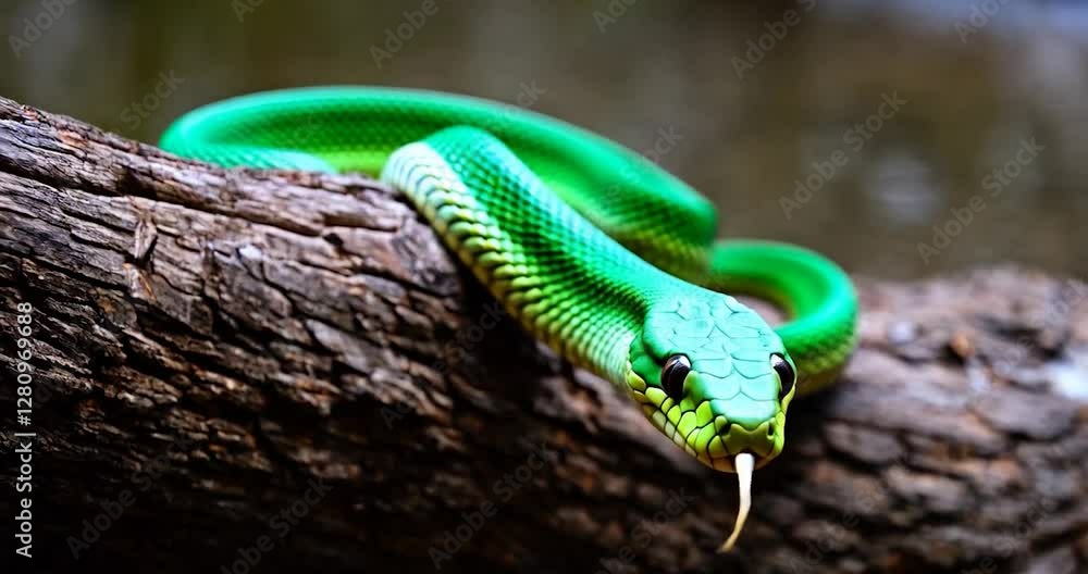 Poster bright green snake on a rough log. the tongue is sticking out of the mouth. the snake is on a tree b
