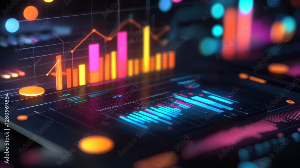Poster a detailed close-up of a tablet displaying a vibrant graph, illustrating data trends and analytics f
