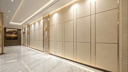 Sleek and Sophisticated Commercial Hallway with Marble Floors Glass Walls and Recessed Lighting Showcasing a Minimalist and Contemporary Design Style