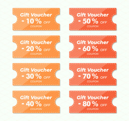 Orange discount coupon icons. 10% 20% 30% 40% 50% 60% discount coupon. Gift Voucher design with QR code. All layered and grouped. Vector.