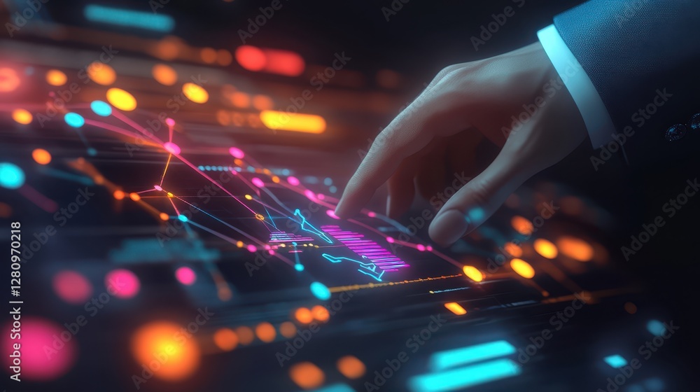 Poster a person operates a laptop showcasing vibrant graphs, highlighting data analysis and visualization i
