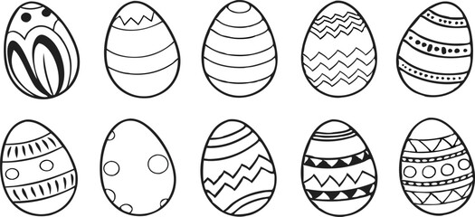 Black and white Easter eggs set. Spring linear egg icon collection with different motifs. Doodle style Easter illustration pack for banner, poster, card, invitation, print, sticker