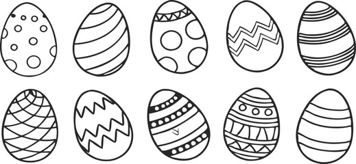Black and white Easter eggs set. Spring linear egg icon collection with different motifs. Doodle style Easter illustration pack for banner, poster, card, invitation, print, sticker