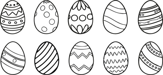 Black and white Easter eggs set. Spring linear egg icon collection with different motifs. Doodle style Easter illustration pack for banner, poster, card, invitation, print, sticker