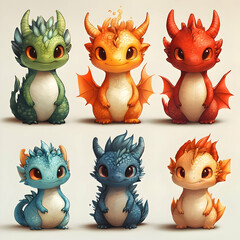 Fototapeta premium Adorable Baby Dragons Fantasy Illustration Cute Cartoon Dragons