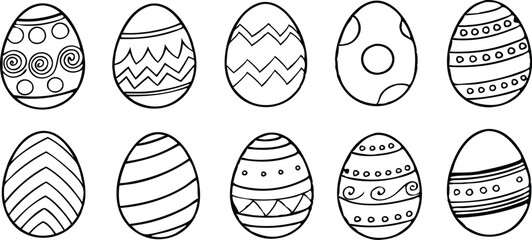 Black and white Easter eggs set. Spring linear egg icon collection with different motifs. Doodle style Easter illustration pack for banner, poster, card, invitation, print, sticker