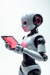 AI robot uses tablet, floats, white background, artificial intelligence, white, ai