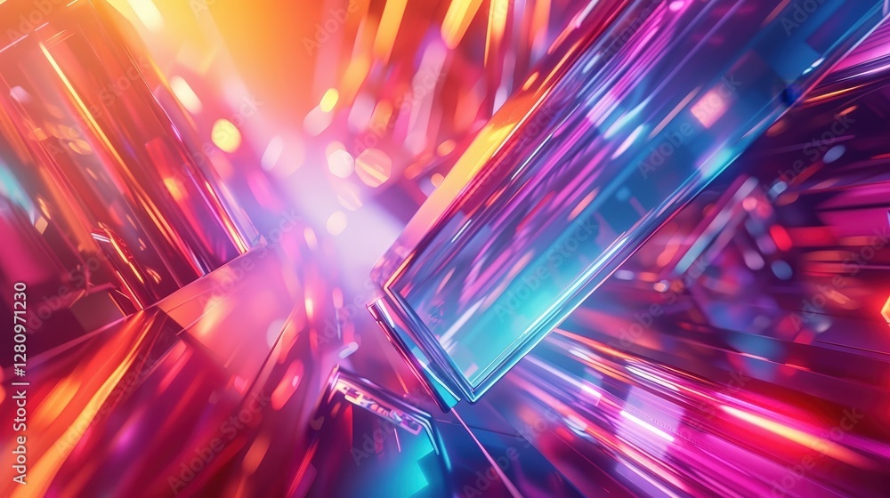 Poster abstract modern vibrant composition with colorful reflections, light patterns, and dynamic shapes in