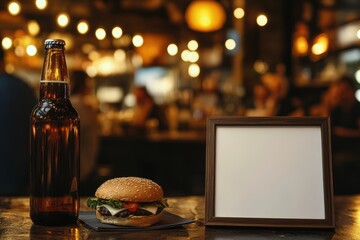 Cozy Pub Meal: A mouthwatering burger sits alongside a chilled bottle, ready to be enjoyed. A blank frame offers space for a personalized touch. The warm.