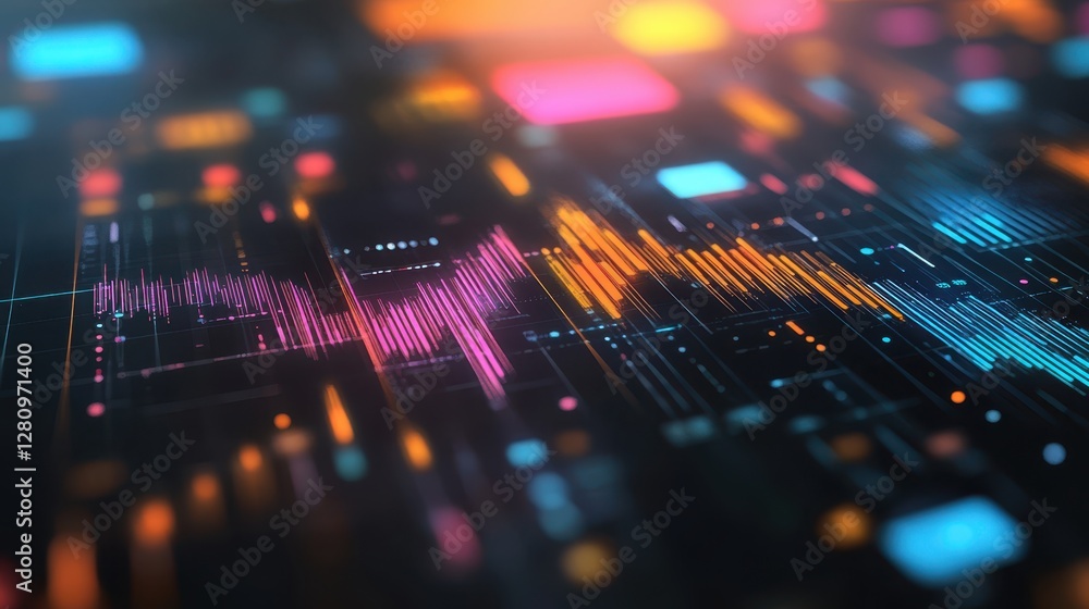 Poster a vibrant close-up of a computer screen showcasing a multitude of colorful lights, highlighting the 