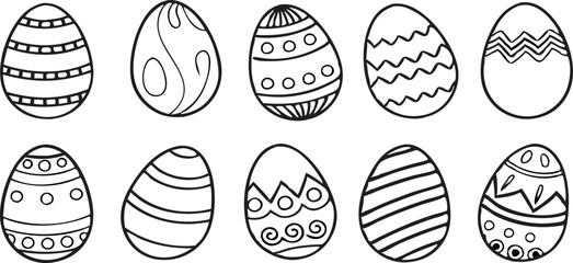 Black and white Easter eggs set. Spring linear egg icon collection with different motifs. Doodle style Easter illustration pack for banner, poster, card, invitation, print, sticker