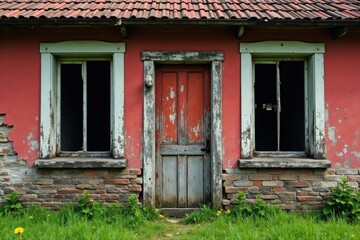Askew windows, decaying farmhouse facade Northern Italy's forgotten past , rustic, facade