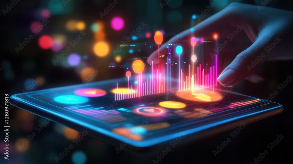 Aufkleber a person interacts with a vibrant tablet display, showcasing colorful graphics and an engaging inter