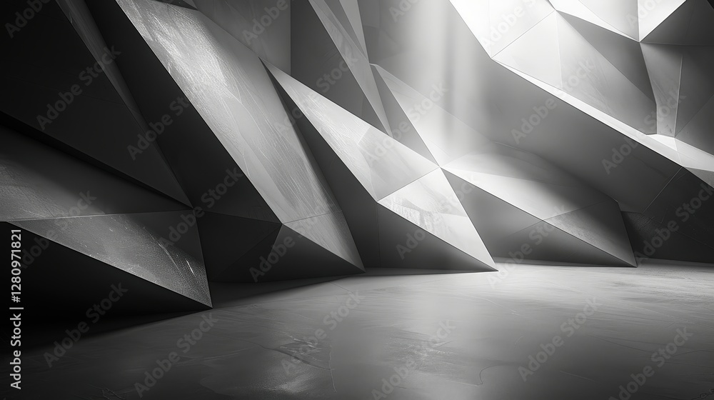 Poster geometric abstract interior with sharp angles and soft lighting in monochrome tones for modern desig