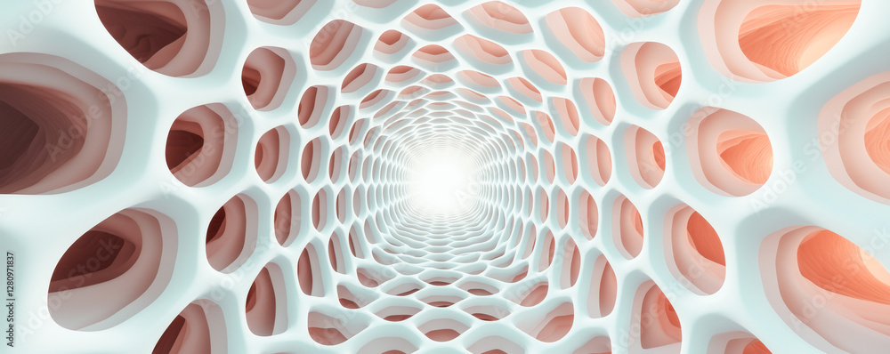 Poster a futuristic tunnel design with light at the end, showcasing vibrant textures and patterns.