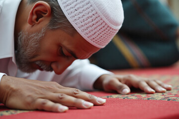 old Muslim man wearing traditional outfit in sujood while praying in ramadan
