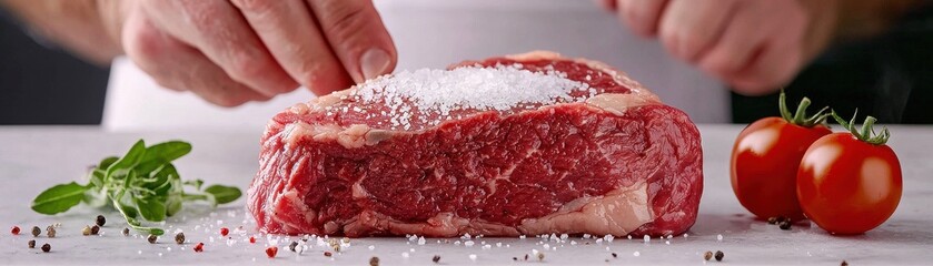 Fresh Beef Steak Preparation with Sea Salt and Cherry Tomatoes on White Marble Countertop