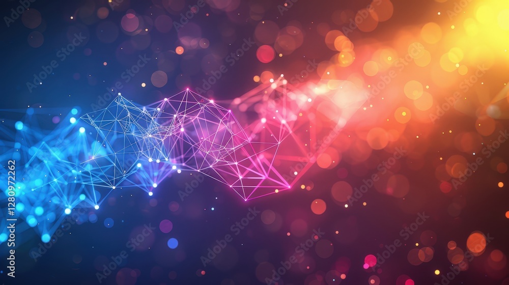 Poster abstract digital network connections with colorful bokeh effects for technology and innovation backg